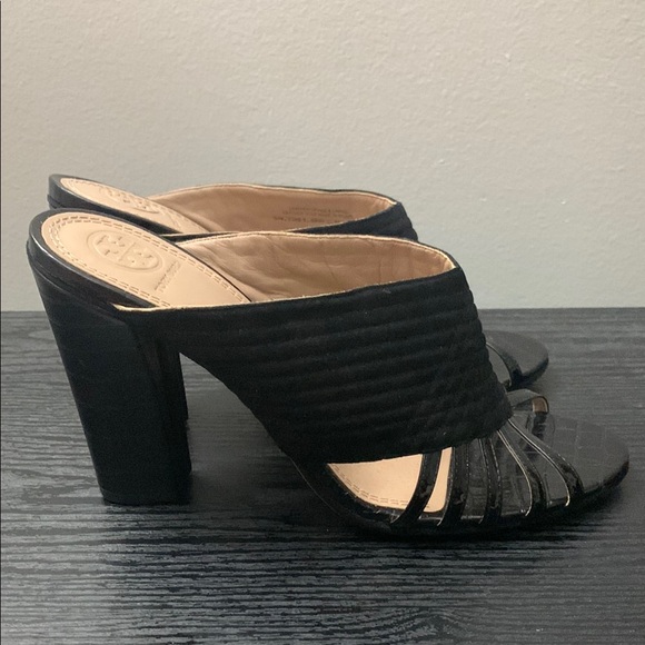 Tory Burch Woven Suede & Patent Leather Mules - Picture 3 of 12